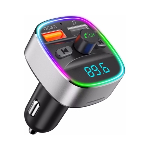 NIERBO Bluetooth FM Transmitter for Car, Upgraded QC3.0 & 5V/1A Dual USB Charger Bluetooth Car Adapter Wireless Radio, 7-Color LED Backlit Light, Hands-Free Calling, Silver