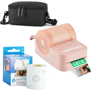 HP Sprocket Panorama Portable Color Label Printer & Photo Printer Bundle with Case & Zink Paper Roll, Pink
