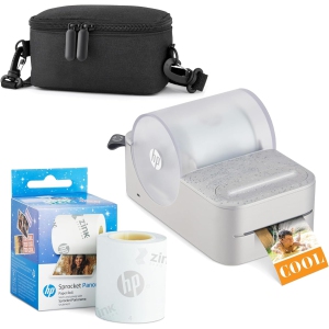 HP Sprocket Panorama Portable Color Label Printer & Photo Printer Bundle with Case & Zink Paper Roll, White