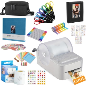HP Sprocket Panorama Portable Color Label Printer & Photo Printer Craft Bundle w/Case, Zink Roll & More!