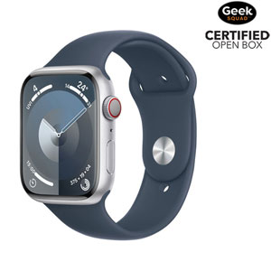 Open Box - Apple Watch Series 9 (GPS + Cellular) 45mm Silver Aluminum Case w/Storm Blue Sport Band - Small/Medium