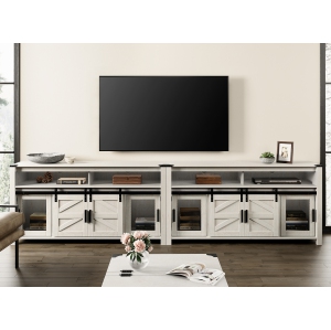 WAMPAT TV Stands for 100+ Inch TVs, Farmhouse Entertainment Center with Mesh & Barn Doors, Soundbar & Adjustable Shelf, Set of 2 Wood Tall Media Console Tables