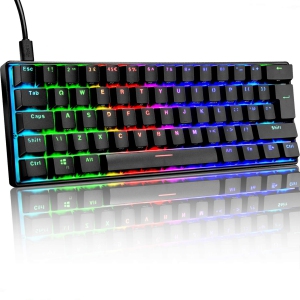 60% Mechanical Gaming Keyboard Mini Portable with Rainbow RGB Backlit Full Anti-Ghosting 61 Key Ergonomic Metal Plate Wired Waterproof for Typist Laptop Gamer (Black/Blue Switch)