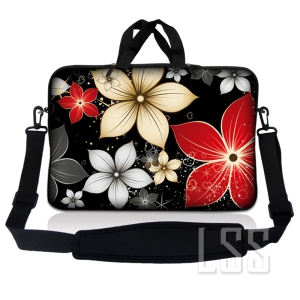 Laptop Skin Shop 15-15.6 inch Neoprene Laptop Sleeve Bag Carrying Case with Handle and Adjustable Shoulder Strap - Black Gray Red Flower Leaves