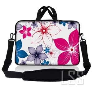 Laptop Skin Shop 14 - 14.9 inch Neoprene Laptop Sleeve Bag Carrying Case with Handle and Adjustable Shoulder Strap - White Pink Blue Flower Leaves