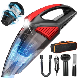 Bagless Wet/Dry Handheld Vacuum for Car with 12V 7500Pa Suction, LED Light, 16.4ft Cord, Two-Layer Washable Filter, Crevice Nozzle