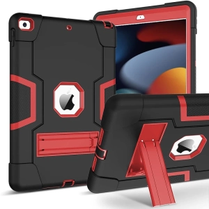 Shockproof iPad 10.2 inch Case for 9th/8th/7th Gen (2021/2020/2019) - Heavy Duty Drop Protection, Kickstand, Soft Silicone - Black+Red | Tablet Case for Kids