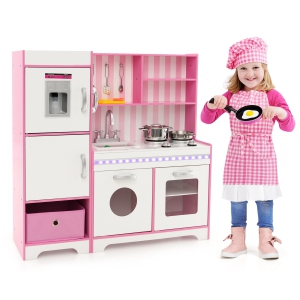 Gymax Kids Kitchen Playset Wooden Toy with Adjustable LED Lights & Washing Machine