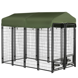 PawHut Outdoor Dog Kennel, Run, Large Wire Steel Fence, Lockable Pet Playpen Enclosure, with Water-, UV-Resistant Canopy Top, Door, Rotating Bowl Holders, 8ft x 4ft x 6ft, Green