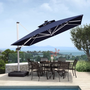PURPLE LEAF 10ft Solar Powered LED Square Double Top Patio Umbrella Offset Hanging Umbrella Garden Umbrella, Navy Blue