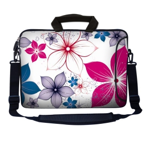 LSS 13.3 inch Laptop Sleeve Bag Notebook with Extra Side Pocket, Soft Carrying Handle & Shoulder Strap for 12" 12.1" 13" 13.3" - White Pink Blue Flower Leaves