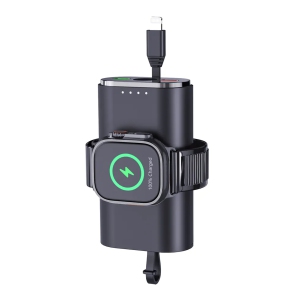 Portable Power Bank for Watch & Phone 5000mAh with Type C and Lightning ports (2-in-1) Slim Battery Pack Fast Wireless Charger for Phone and Watch Black THF-V10A/S