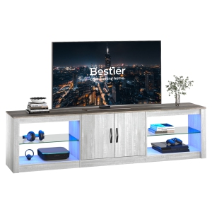 Bestier 70 Inch Led TV Stand for 75 Inch TV Large Entertainment Center Gaming with Adjustable Glass Shelves Two Cabinets Modern TV Console for Living Room 22 RGB Modes