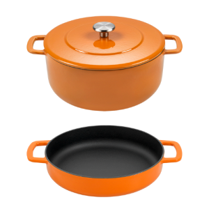 Combekk Cast Iron 24cm Orange Dutch Oven and Dual-Handle Frying Pan, 2 Pc. Set