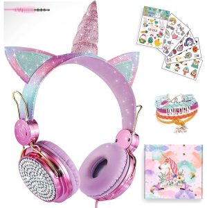 Adorable Pink Unicorn Cat Ear Kids Headphones with Mic - Over-Ear Gaming Headset for Girls & Teens, Perfect for Tablets, Laptops, PCs - Ideal School, Birthday, Xmas Gift