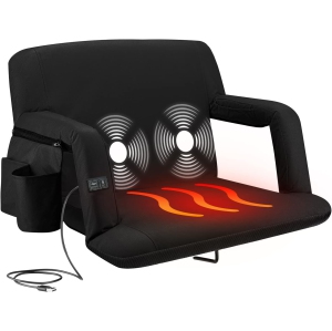 Alpcour Wide Heated Massage Reclining Stadium Seat - Waterproof, Thick Padding - Black