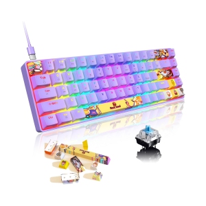 Mechanical Gaming Keyboard Mini Compact Wired 18 Chroma RGB Backlit Anime PBT Keycaps Portable Full 68 Keys Anti-ghosting Compatible with PS4, Xbox, PC, MAC, Purple/Blue Switch