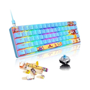 Mechanical Gaming Keyboard Mini Compact Wired 18 Chroma RGB Backlit Anime PBT Keycaps Portable Full 68 Keys Anti-ghosting Compatible with PS4, PS5, Xbox, PC, MAC, Blue/Blue Switch