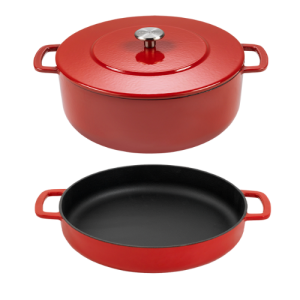 Combekk Cast Iron 24cm Red Dutch Oven and Dual-Handle Frying Pan, 2 Pc. Set