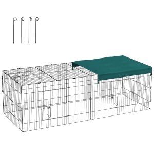 PawHut 87"L Small Animals Pet Playpen Catio Cage with Doors for Rabbits, Guinea Pig, Chicken, Chinchillas, Cat, Quail, Duck, Outdoor Indoor Use with Flat Roof, Green