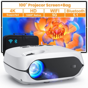 HAPPRUN Projector, 5G WiFi Bluetooth Projector, Native 1080P Portable Projector with Screen and Bag, 12000L 4K Support 300" Outdoor Movie Projector Compatible with Smartphone