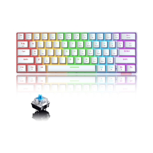 60% Wireless Mechanical Gaming Keyboard with Rainbow RGB Backlight Compact 61 Key Ergonomic Rechargeable Anti-ghosting Bluetooth 5.0 Type-C USB Wired, White/Blue Switch