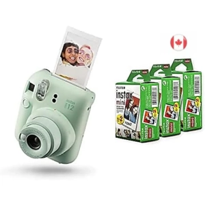 Fujifilm Instax Mini 12 Instant Camera (Mint Green) Bundle with Instax Mini Film, White Multi-Pack (60 Exposures) | Portable Compact Camera for Instant Photography