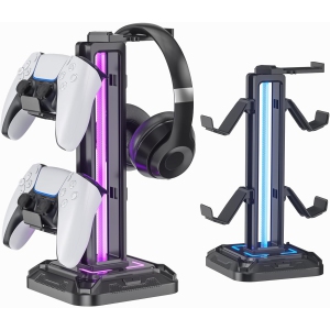 RGB Headphone Stand with 9 Light Modes – Gaming Headset & Controller Holder with Rotating Arm, Detachable Hook, Cable Management, for PC & Console Desk Setup