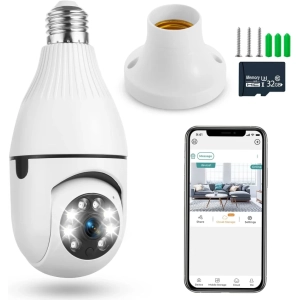 WiFi Light Bulb Camera 1080P - 360° Panoramic Cameras | Smart Indoor Security Camera with Full-Color Day/Night Vision | APP Remote, Motion Detection Alarm (32G Memory Card)