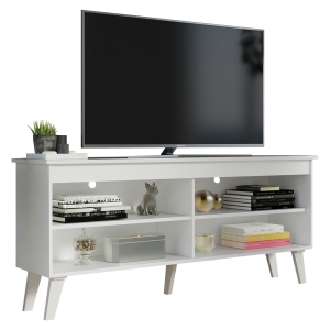 Madesa Compact TV Stand Cabinet with 4 Shelves and Cable Management for 50, 55 Inch TV Media Storage Unit Living Room and Bedroom Modern Wooden Television Media Console - White
