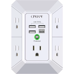 USB Wall Charger Surge Protector - 5 Outlet Extender with 4 USB Charging Ports (4.8A Total) - 3-Sided 1680J Power Strip Multi Plug Outlets Wall Adapter - Spaced for Home