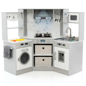 Costway Wooden Kids Play Corner Kitchen with Realistic Lights & Sounds Lighted Range Hood