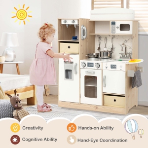 COSTWAY – Cuisine Enfant Avec Réfrigérateur – Tableau Mural Parlant – Lumières Et Sons – Bois – Dès 3 Ans – 2 Pièces