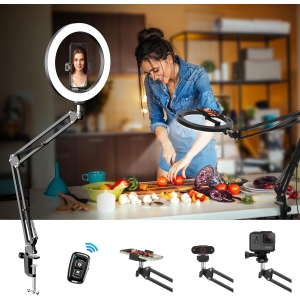Overhead Phone Mount with Ring Light for Desk, 10" Selfie Light with Stand and Phone Holder, Overhead Camera Mount Tripod with Remote for Video Recording/Live Streaming
