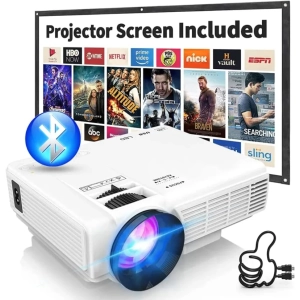 2023 Projector with 100'' Screen - Mini Bluetooth Projector, 9500 Lumens, 1080P Full HD for Outdoor Movies - Compatible with TV Stick, Video Games, HDMI, USB, Smartphone