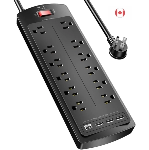 Advanced Surge Protector Power Bar: 12 Outlets, 4 USB Ports, 6Ft Extension Cord (1875W/15A), 2700 Joules, ETL Listed - Ideal for Dorms, Black