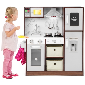 Gymax Kids Kitchen Playset w/Attractive Lights & Sounds Range Hood Microwave Ice Maker