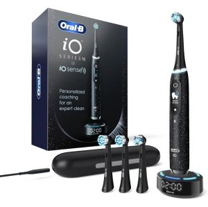 Oral-B iO Series 10 Electric Toothbrush, Cosmic Black, 4 Brush Heads, Travel Case, iO Sense Charger - Pressure Sensor, 7 Cleaning Modes, 2-Minute Timer
