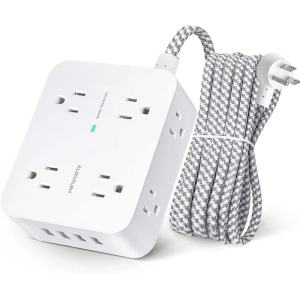 Surge Protector Power Bar - 8 Outlets, 4 USB Ports, 3 Side Power Strip with 5Ft Extension Cord. Ideal for Home Office with Flat Plug and Wall Mount option