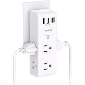 Surge Protector - 6 AC Outlets, 3 USB Ports (1 USB C), Rotating Plug, 1800 Joules, 3-Sided Swivel Power Bar Strip for Home, Office, Travel