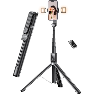 60" Phone Tripod Selfie Stick with Remote and 2 Light,Travel Selfie Stick Tripod for Cell Phone Compatible with 4''-7'' iPhone Android Samsung(Black)