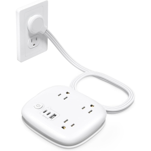 Flat Plug Power Bar with 2 USB C, Ultra-Thin Extension Cord Wrapped Around, 3 Widely Spaced Outlets Extender USB Ports, 2.6ft Small Desk Power Strip for Dorm Room Cruise Ship
