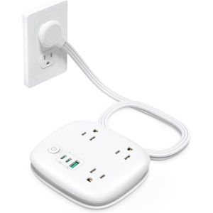 Flat Plug Power Bar with 2 USB C, 20W Fast Charging, 2.6ft Ultra-Thin Extension Cord Wrapped Around, 3 Widely Spaced Outlets 3 USB Ports, Desk Power Strip for Cruise Ship Travel