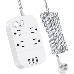 Power Bar Extension Cord, Flat Plug Power Strip 4 Outlets 3 USB Charger Ports, 5 FT Outlet Extender with Overload Protection, Wall Mount\ Desktop Charging Station for Ship, Home