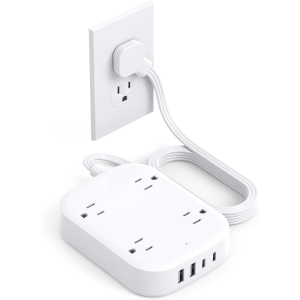 Flat Plug Power Bar with USB C, 5ft Ultra-Thin Extension Cord Indoor with 4 USB Ports(2 USB C) 4 Widely Outlets Extender Desk Charging Station for Office, Travel , Dorm