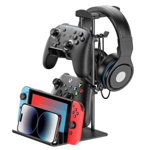Headphone Stand, Game Controller Holder & Headset Holder for Desk, Earphone Stand with Aluminum Supporting Bar, Universal Sto