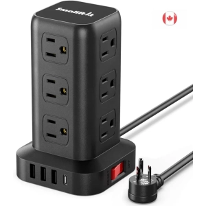 Surge Protector Power Bar with USB-C - 12 Outlets, 4 USB Ports, 6.5FT Extension Cord - Tower Power Bars for Dorm, Home Office, Desk Charging Station