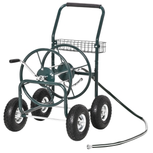 Outsunny Garden Hose Reel Cart, Portable Hose Organizer with Hose Guide System, Hold Up to 300 ft of 5/8" Hose, 4 Wide Wheels & Storage Basket for Industrial, Yard, Garden, Farm