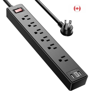 6Ft Power Bar Extension Cord - Yintar Power Strip Surge Protector with 6 AC Outlets and 3 USB Ports(1 USB C) | 6 Feet Extension Cord, 1680 Joules, ETL Listed (Black)