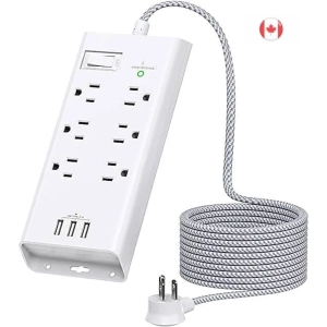 Power Strip Surge Protector | 10Ft Extension Cord | 6 Outlets | 3 USB Ports | Flat Plug | Overload Surge Protection | Wall Mount | Home, Office, and More